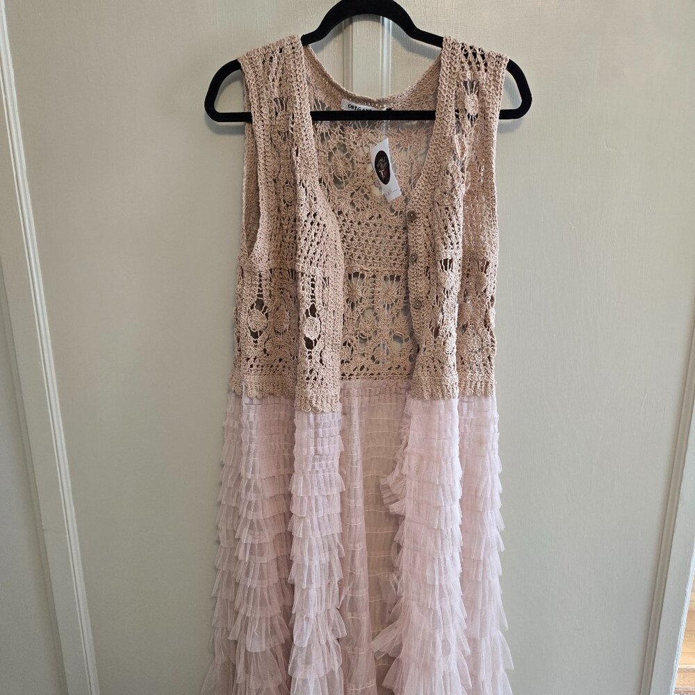 Origami by Vivien | Cream Tunic with Crocheted Top & Sheer Ruffled Bottom | S/M